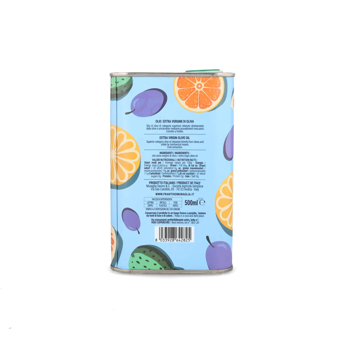 Frantoio Muraglia Medium Fruity Extra Virgin Olive Oil in Mediterranean Fruits Tin, 500ml - Image 2