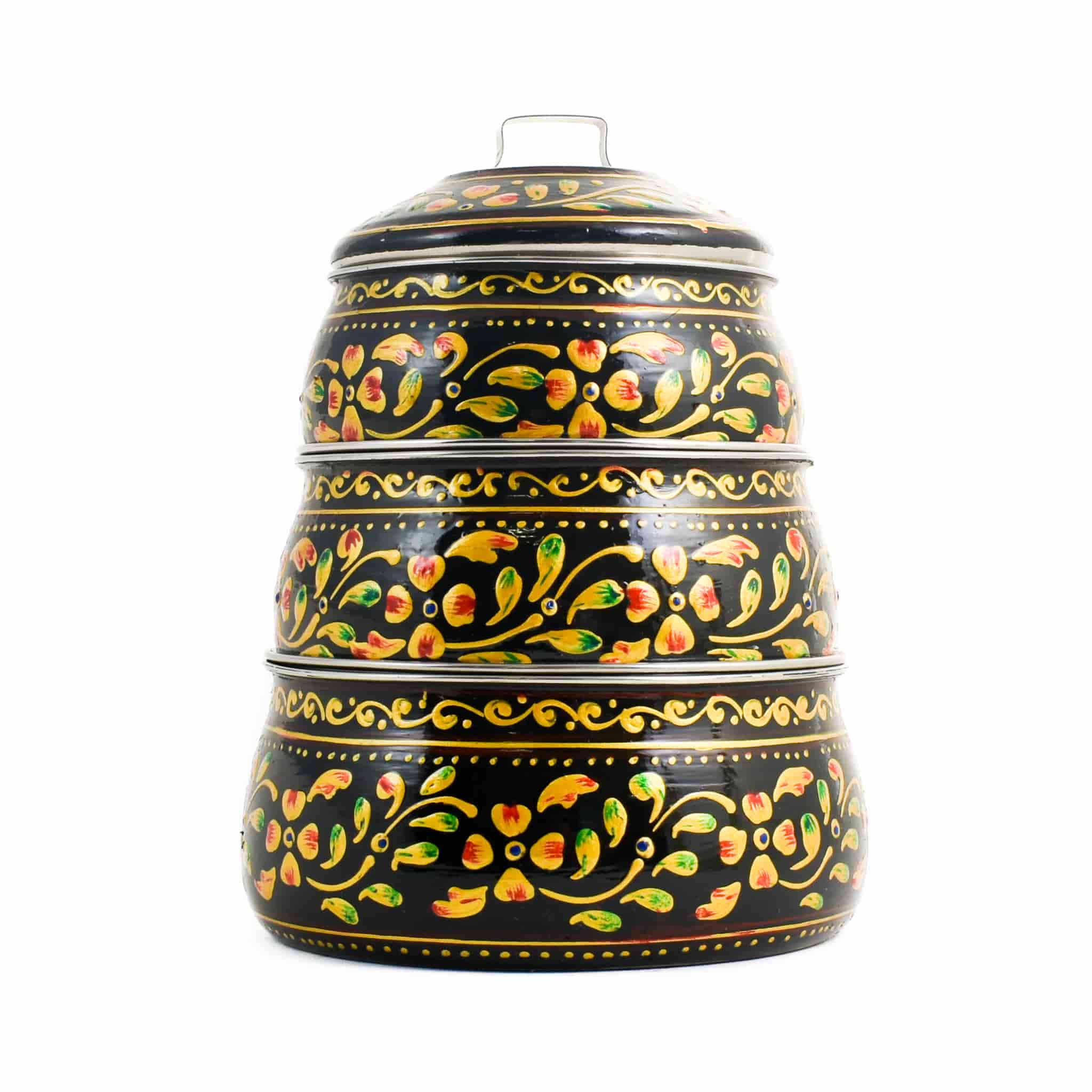 Hand Painted Three Tier Black Tiffin Tin, 1.5 Litre - Image 2