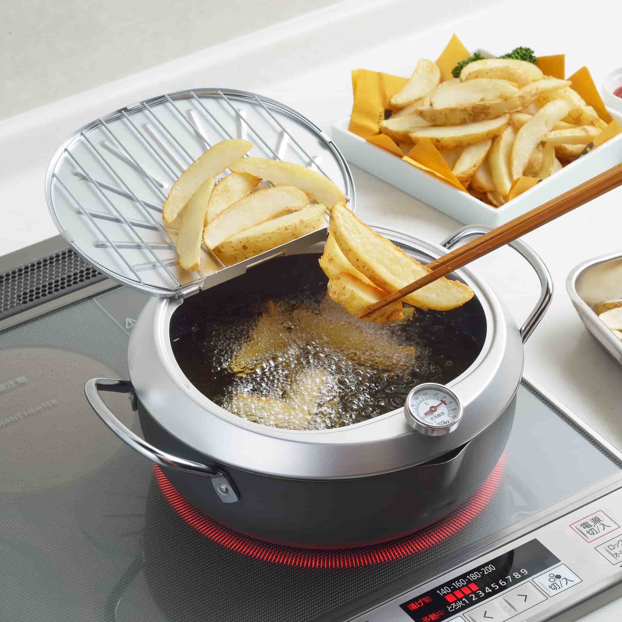 Japanese Tempura Frying Pot with Temperature Probe & Drip Rack - Image 4