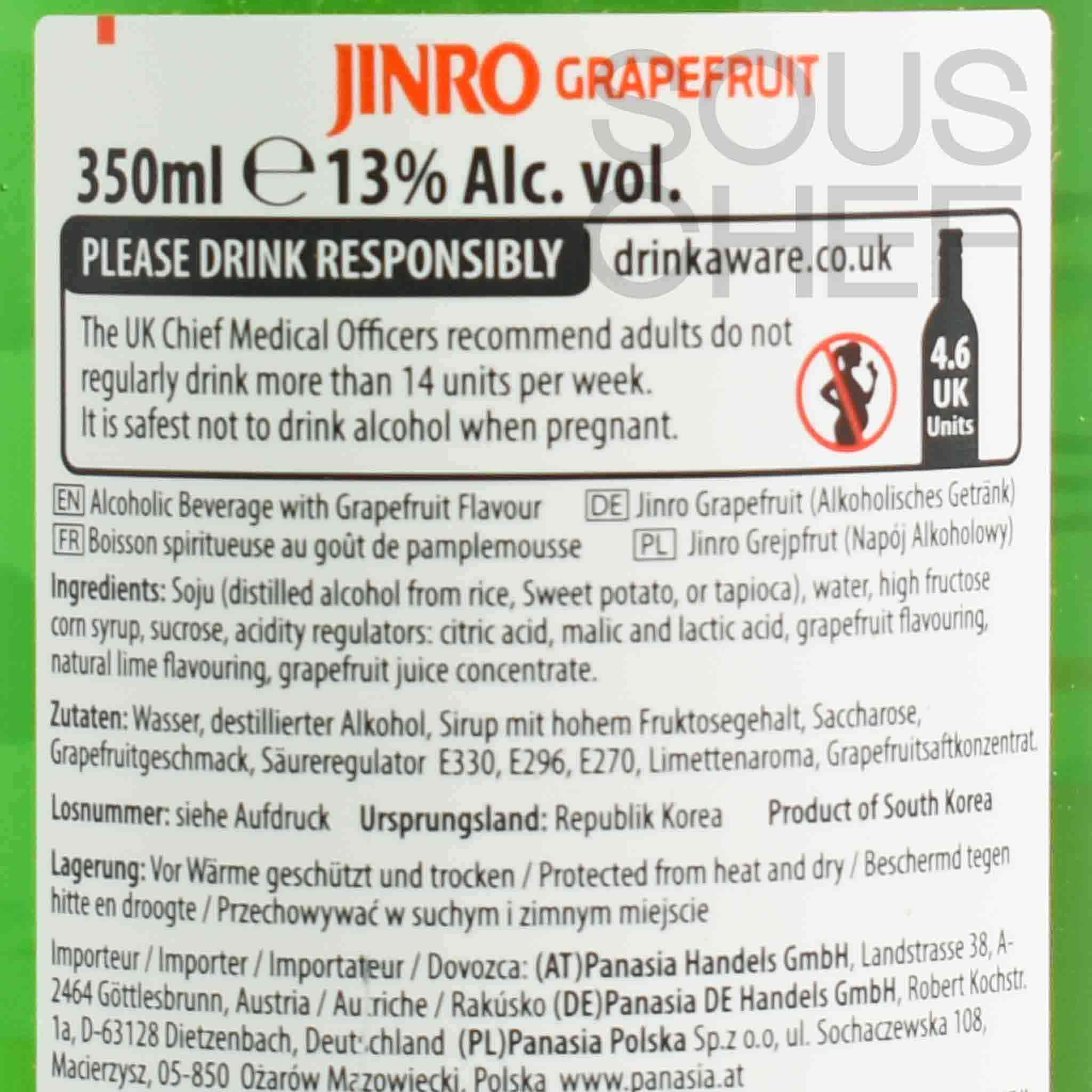Jinro Chamisul Grapefruit Soju 13%ABV, 350ml - Image 2