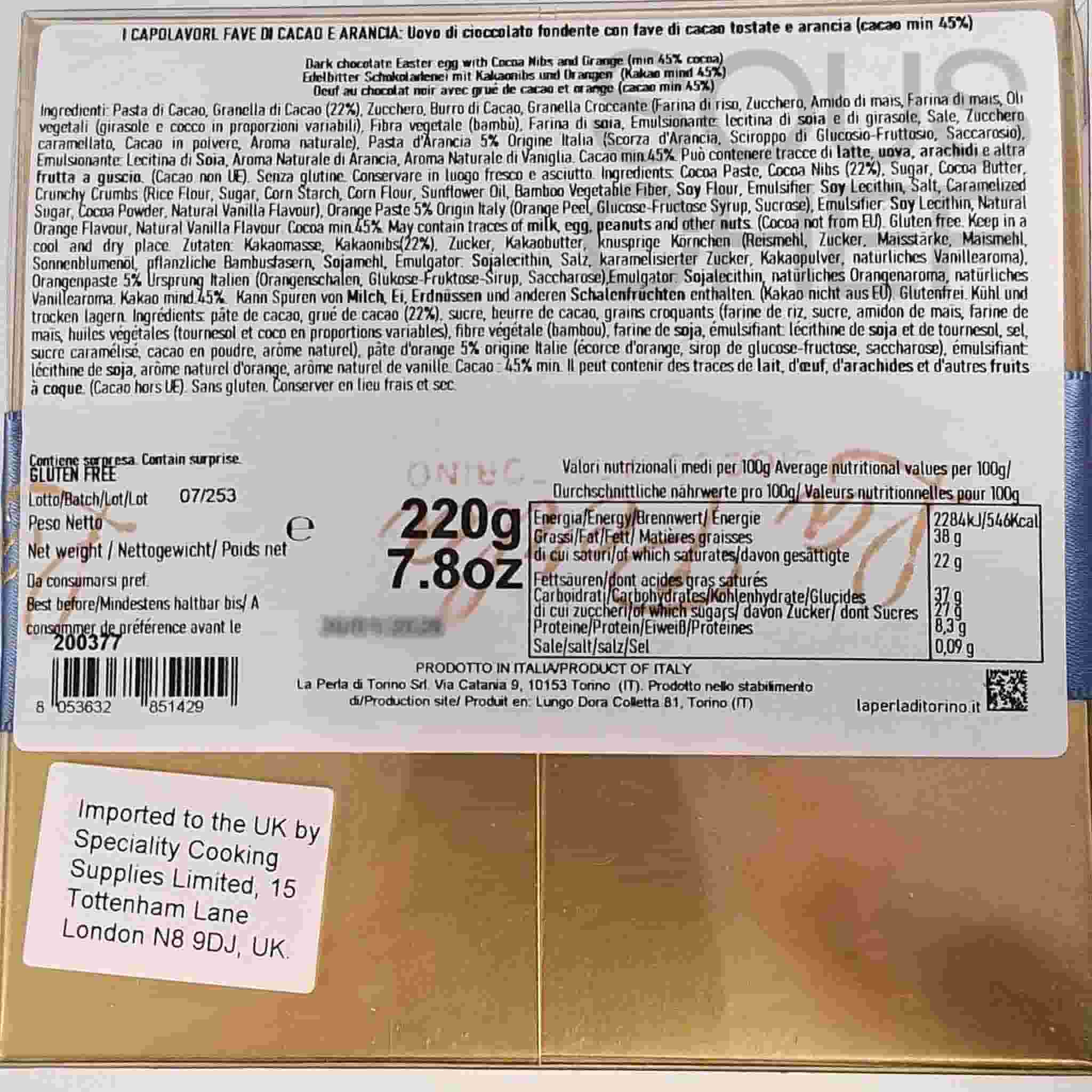 La Perla di Torino Dark Chocolate, Orange & Cocoa Nib Easter Egg, 220g - Image 3