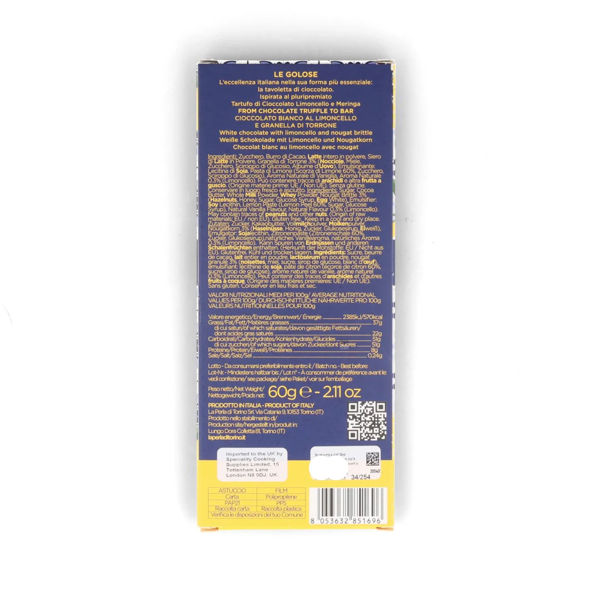 La Perla di Torino Limoncello & Meringue White Chocolate Bar, 60g - Image 2