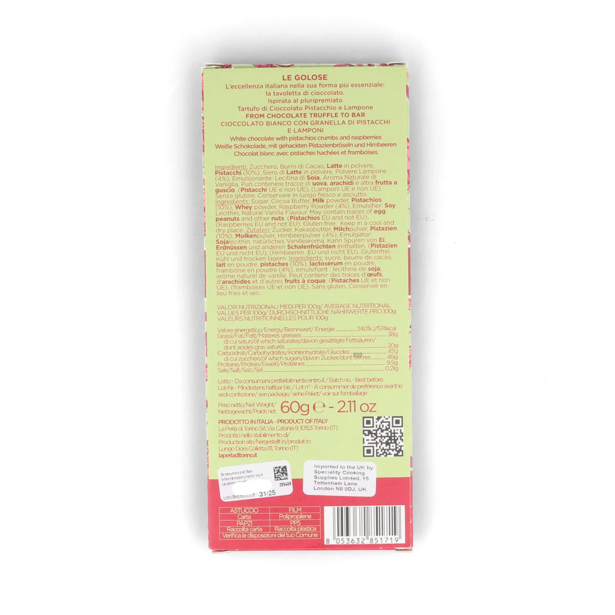 La Perla di Torino Pistachio & Raspberry White Chocolate Bar, 60g - Image 2