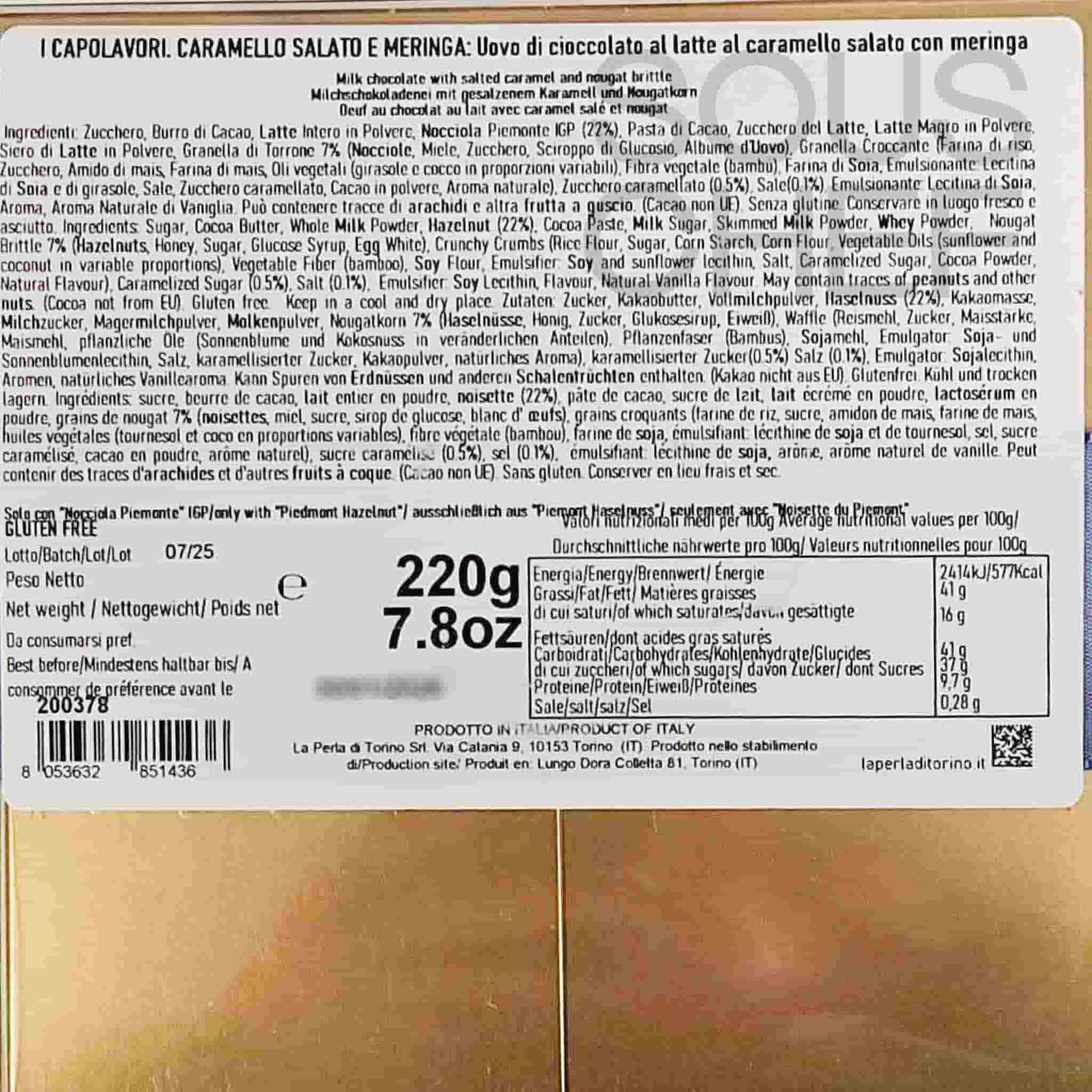 La Perla di Torino Salted Caramel Chocolate & Meringue Easter Egg, 220g - Image 3