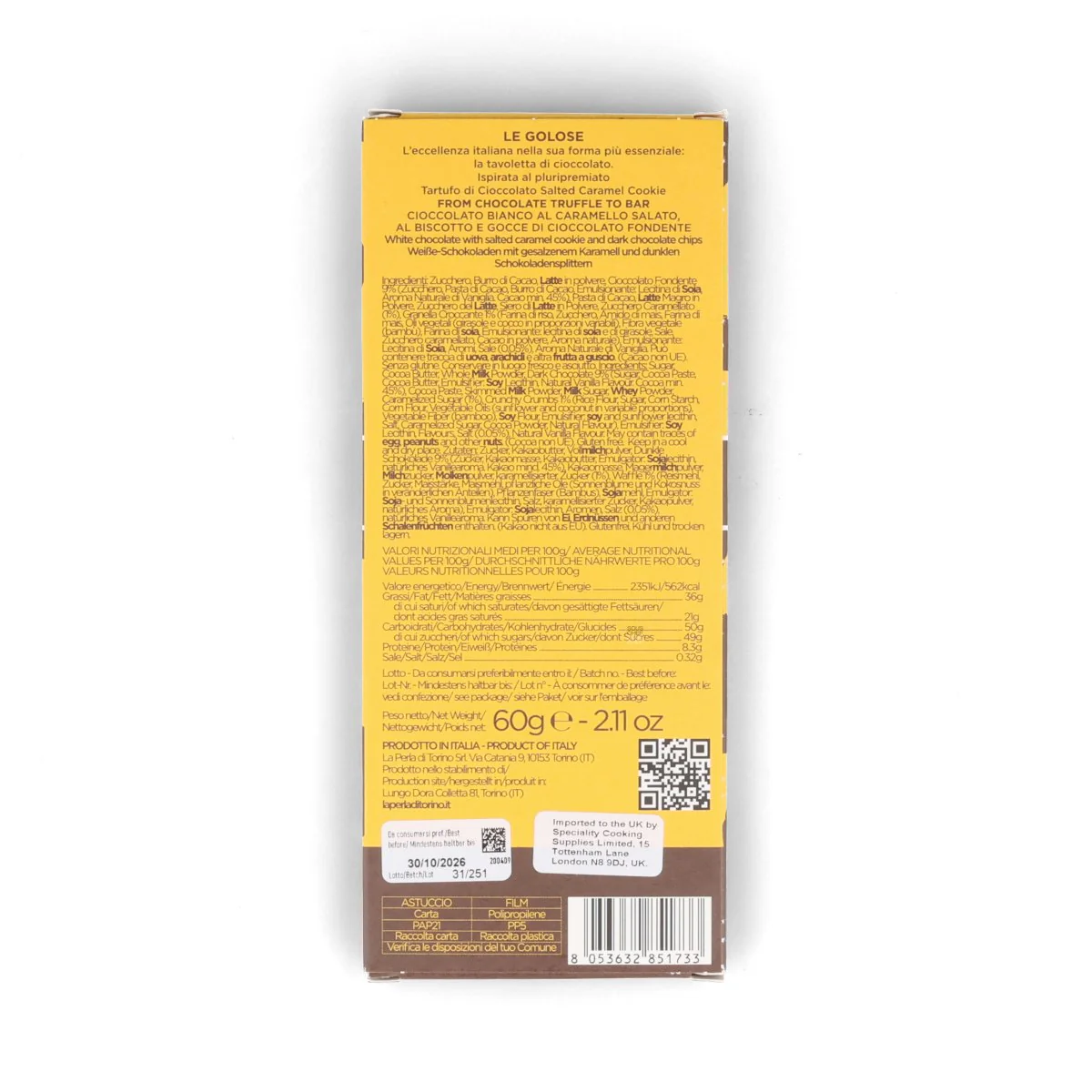 La Perla di Torino Salted Caramel Cookie White Chocolate Bar, 60g - Image 2