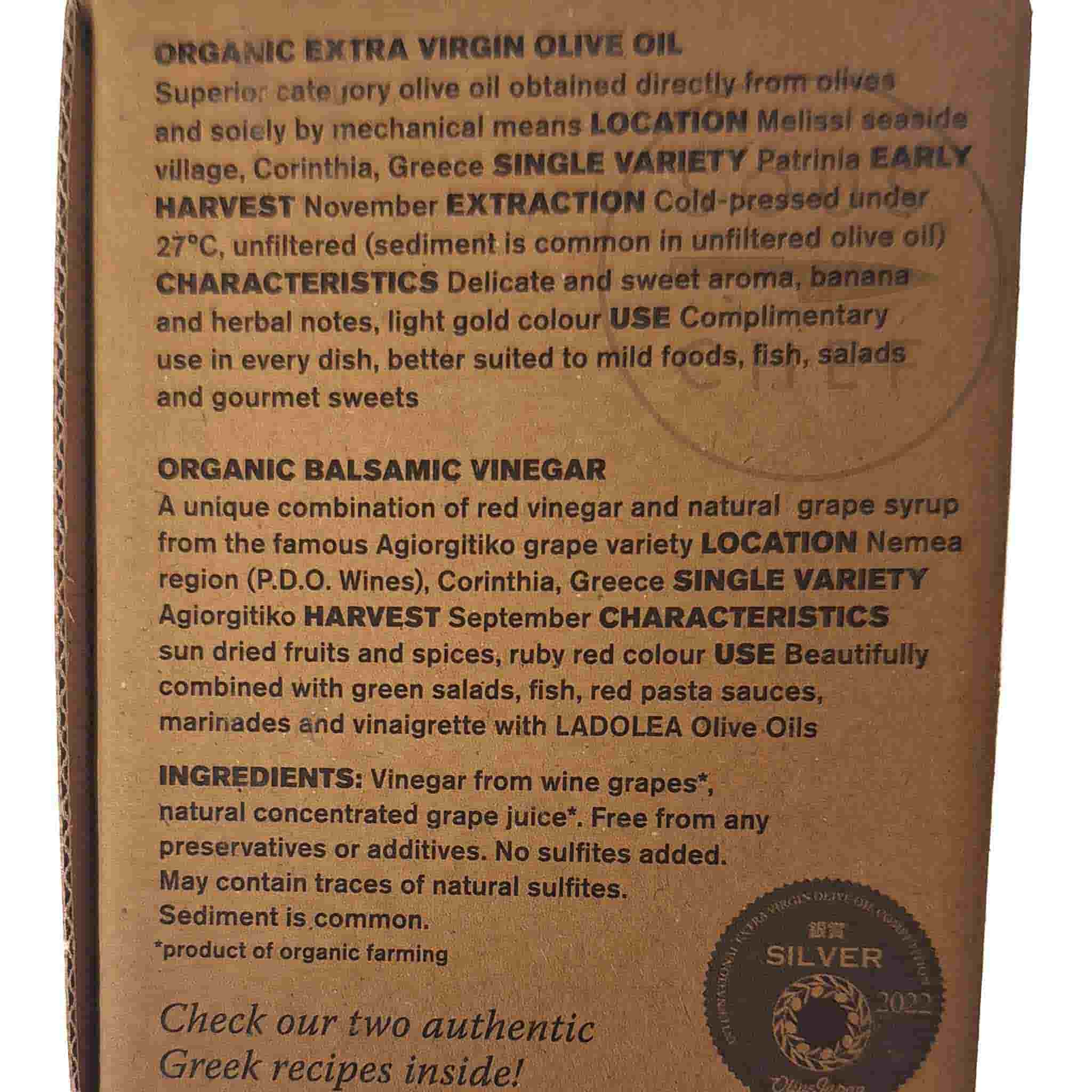 Ladolea Set of 2 Organic Greek Extra Virgin Olive Oil & Sweet Vinegar, 80ml - Image 3