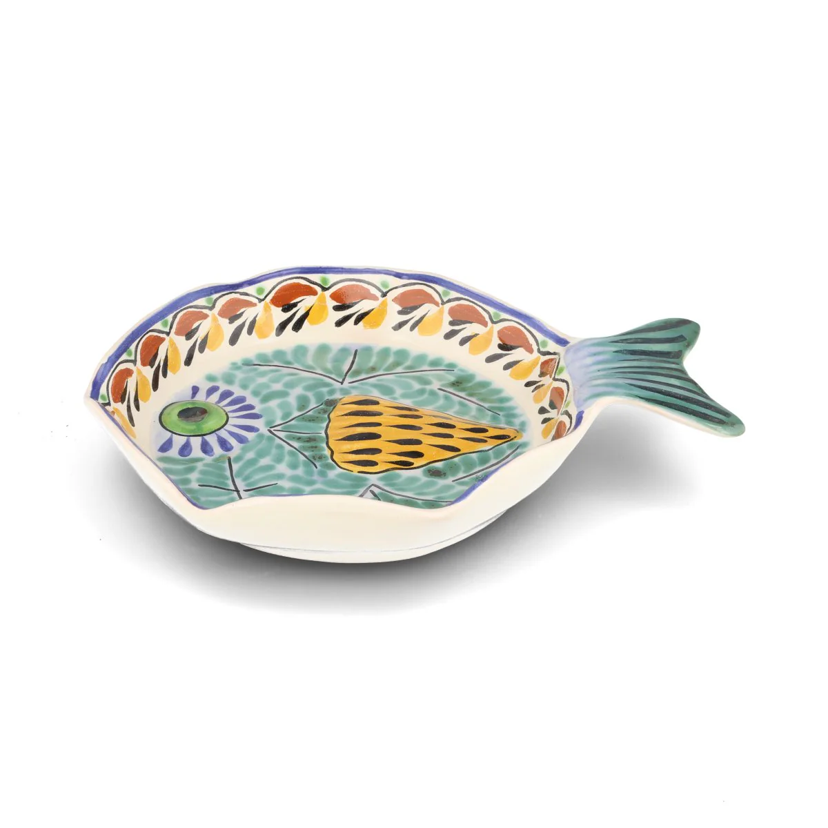 Mexican Hand Painted Green & Blue Fish Dish, 25.5cm - Image 2
