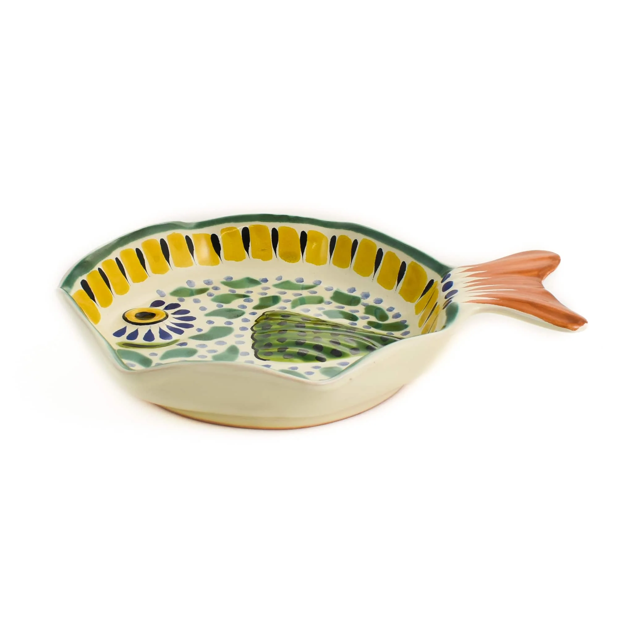 Mexican Hand Painted Green & Yellow Fish Dish, 14x19cm - Image 2