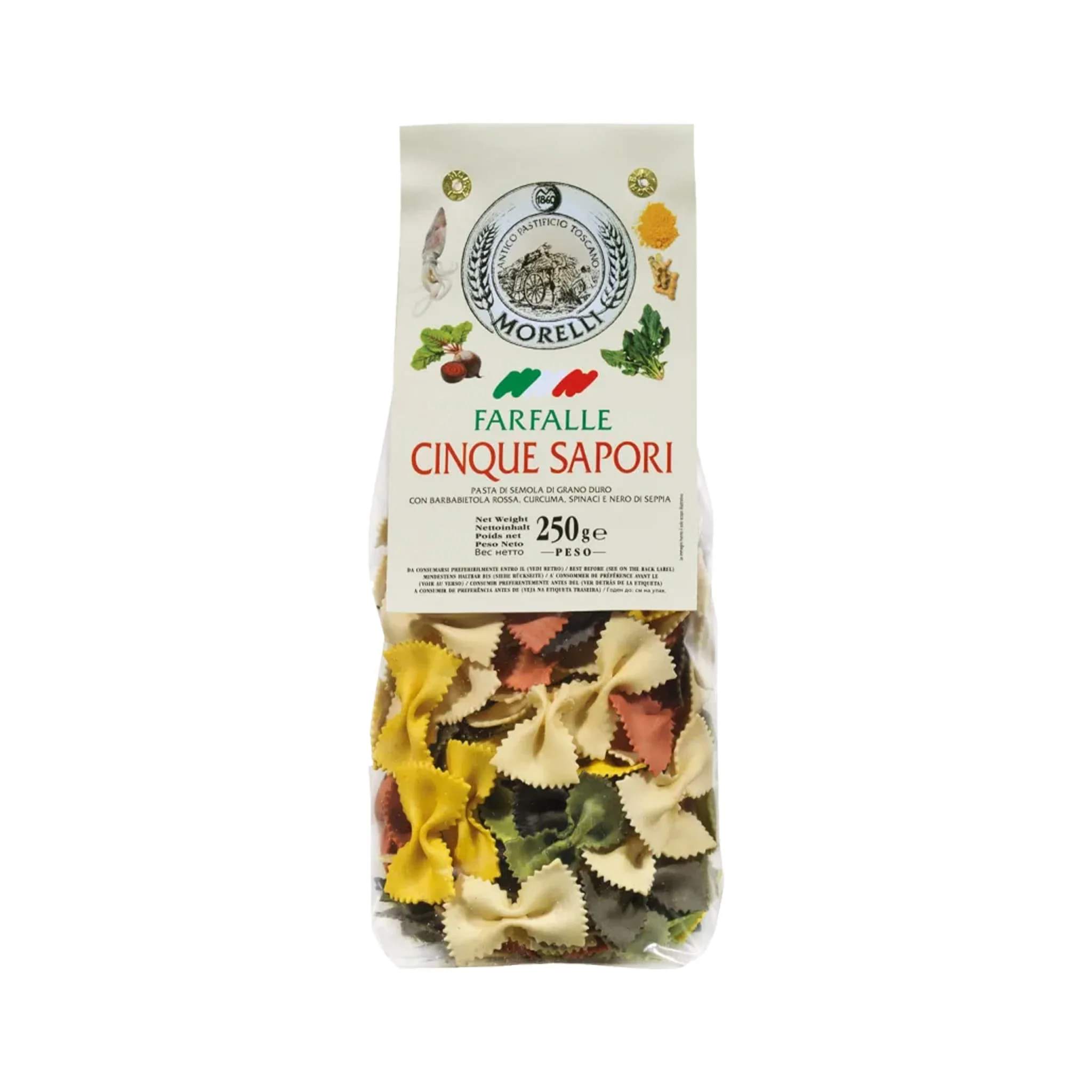 Morelli 5 Flavours Farfalle Multicolour Pasta, 250g