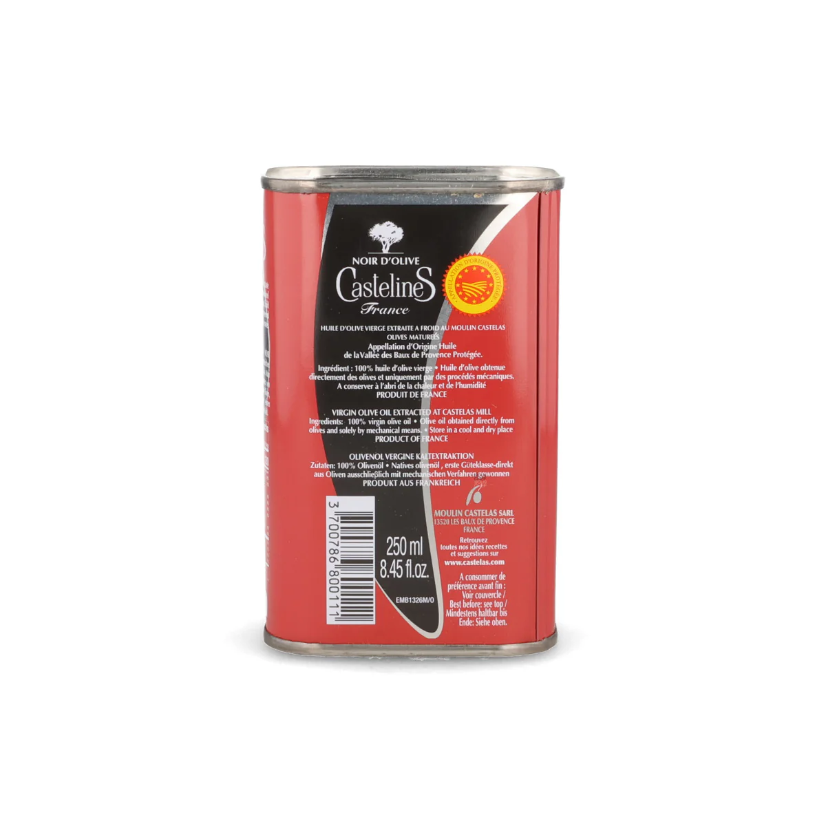 Moulin Castelas AOP Vallee des Baux de Provence Virgin Black Olive Oil in Tin, 250ml - Image 2