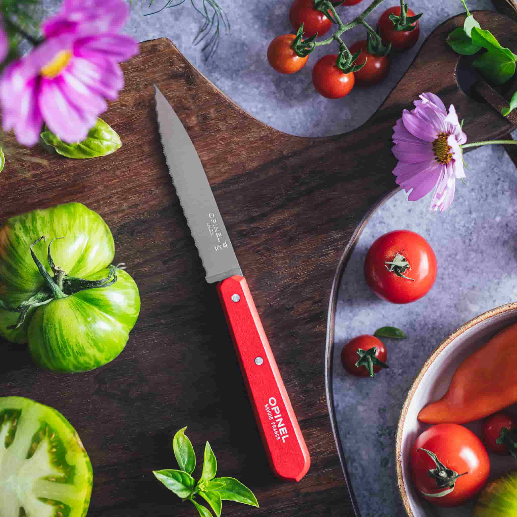 Opinel No 113 Red Beechwood Handle Serrated Paring Knife, 10cm - Image 2