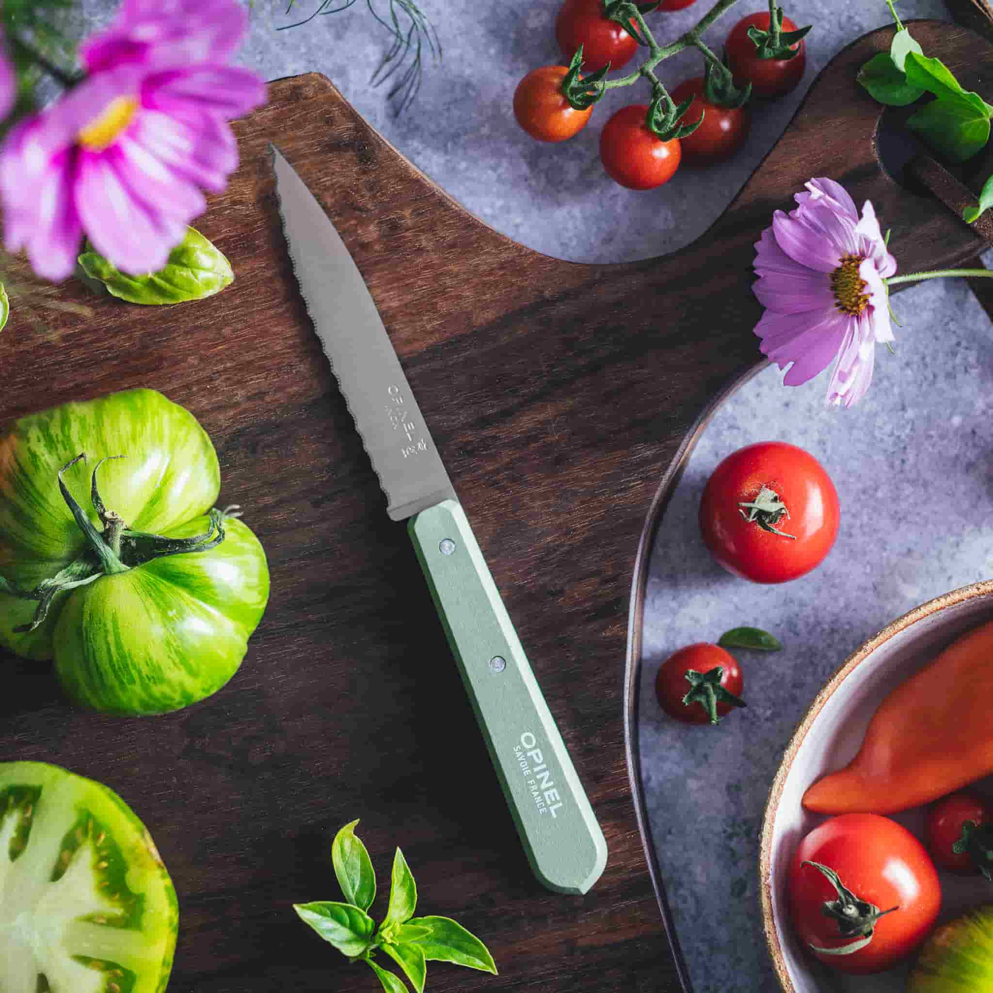 Opinel No 113 Sage Beechwood Handle Serrated Paring Knife, 10cm - Image 2