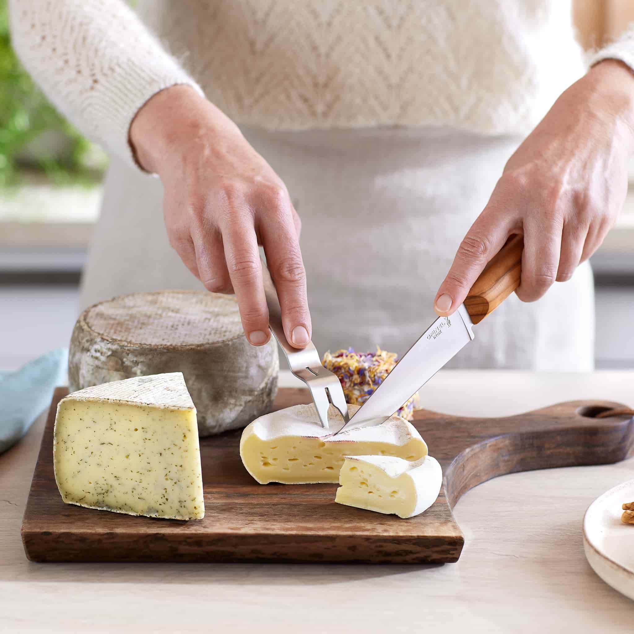 Opinel Olive Wood Handle Cheese Knife & Fork Set - Image 2