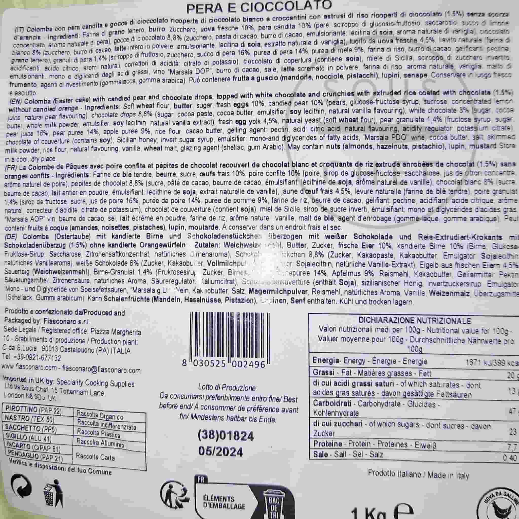 Fiasconaro Pear & Chocolate Colomba, 1kg - Image 3