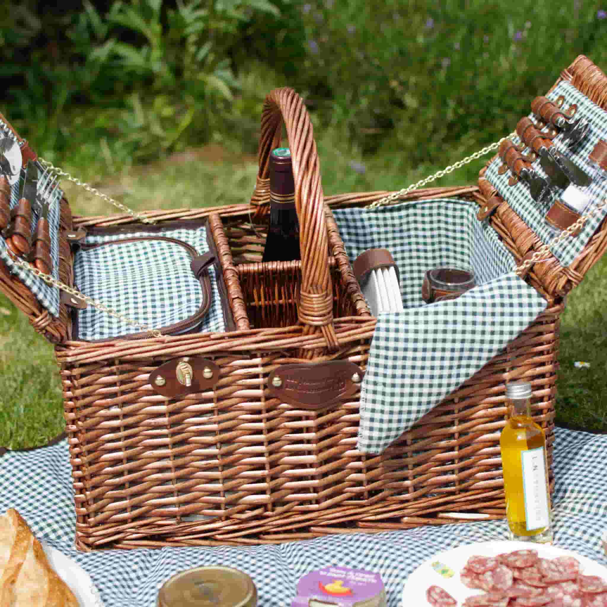 Saint-Germain Green Gingham Picnic Basket, 4 Person - Image 3