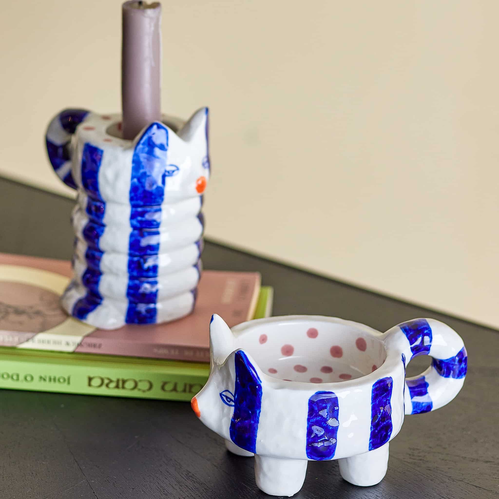Set of 2 Blue Striped Cat Candle Holders - Image 3