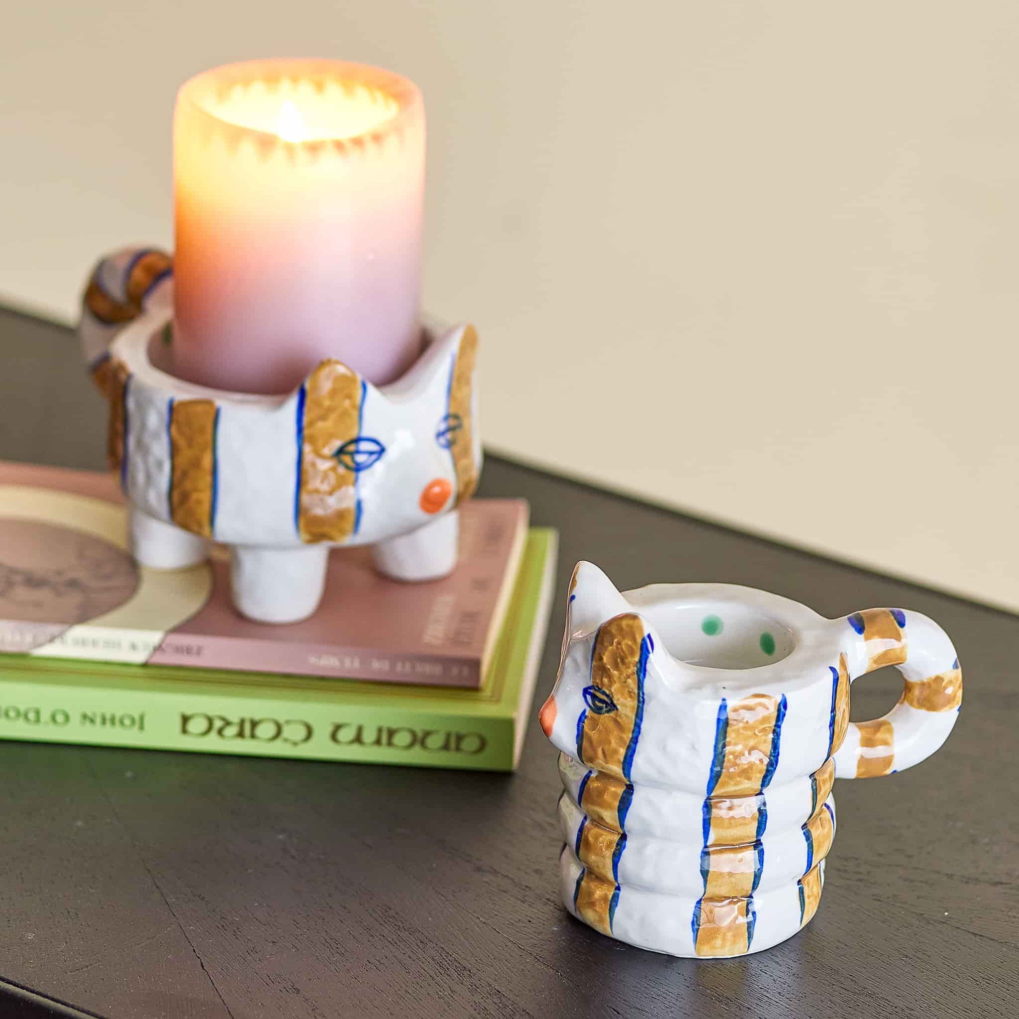 Set of 2 Yellow Striped Cat Candle Holders - Image 3