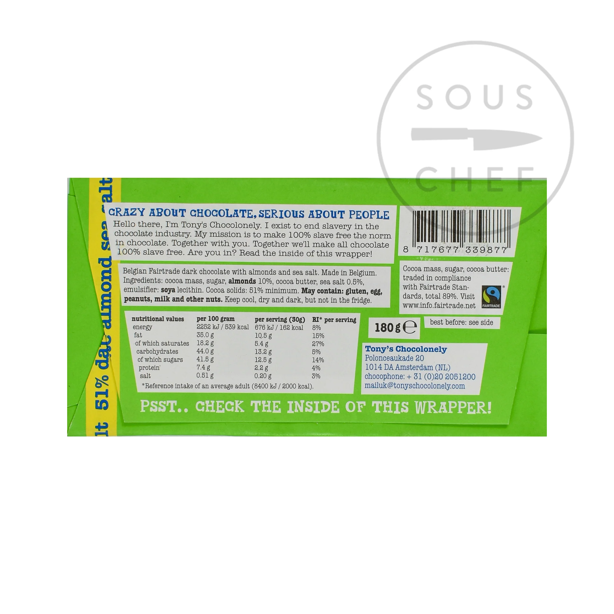 Tony's Chocolonely Dark Chocolate Almonds & Sea Salt, 180g - Image 3