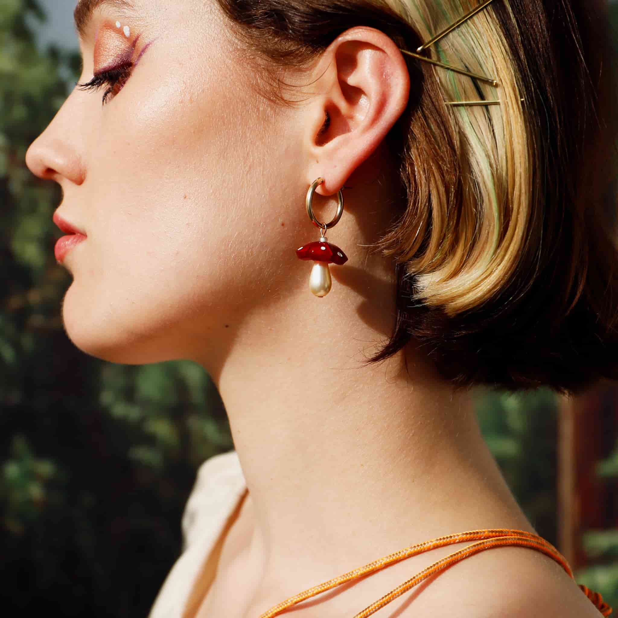 Wolf & Moon Red Mushroom Hoop Earrings - Image 2